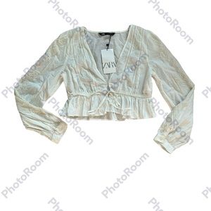 Zara Small Cream Lace Boho Long Sleeve Top NWT